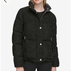 Karl Lagerfeld Charcoal Puffer Jacket with Sparkle, Gold Accents Sz S NWOT